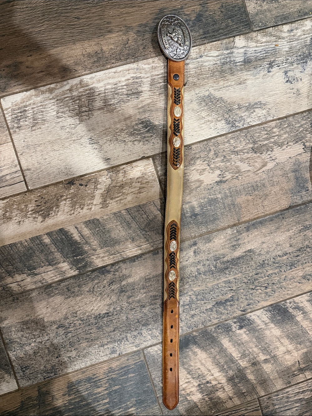 Nocona Two-Tone Leather Belt with Silver Concho Accents - 20”